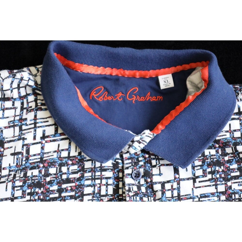 Robert Graham Men’s XL Abstract Geometric Print Polo Shirt Blue White Red